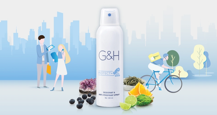 Stylised image of G&H PROTECT+ Deodorant & Anti-Perspirant Spray with illustrated characters 