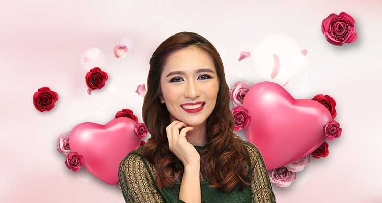 Woman wearing sexy makeup for Valentine's Day against a backdrop of hearts and roses 