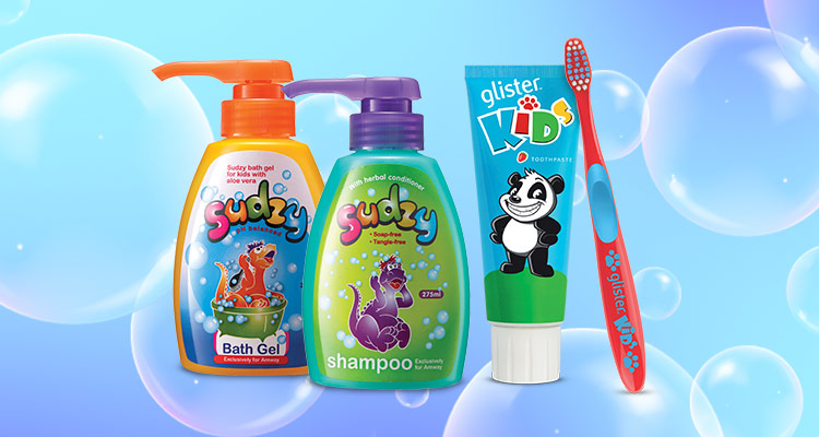 Stylised image of Sudzy and GLISTER Kids products 